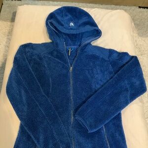 Kuhl Blue M full zip hooded fleece Alpine Cabincore Adventure Scandi Girl Travel